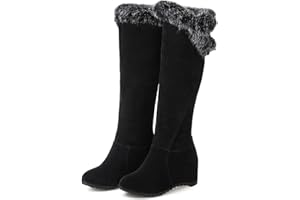 DEVILEYEZE Women's Winter Over The Knee Thigh High Snow Boots Stretch Thick Rabbit Fur Collar Warm Leather Waterproof Slip-on Hidden Wedge Boot