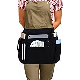 Josojoou Waitress Server Apron with 7 Pockets, Black Waterproof Waiter Half Apron with Zippers & Adjustable Belt, Unisex Waist Apron for Restaurant Servers Kitchen Staff Bartender Barista