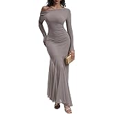 Curvphilo Mesh Long Sleeve Off Shoulder Bodycon Maxi Dress for Women Modal Elegant Cocktail Party Outfits Dress