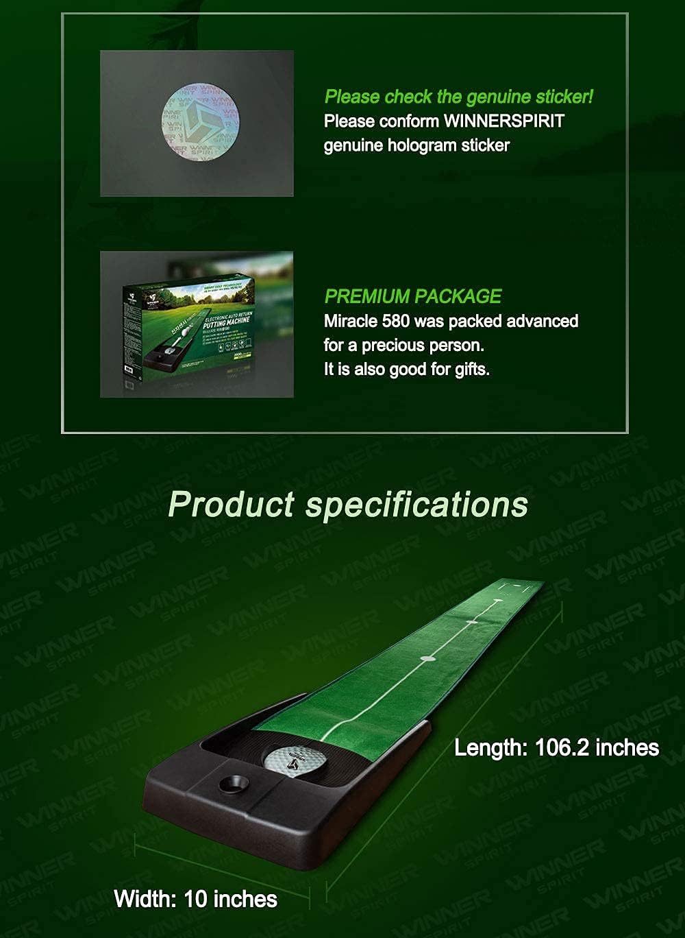 WINNER SPIRIT Miracle 580, Indoor Putting Green, Kickback Putt Mat, Portable, Minimal Noise, Auto Ball Return, Real Golf Practice, 1, 063 x 16.25 in, Requires 4 x 1.5 AA Batteries (Included) : Sports & Outdoors
