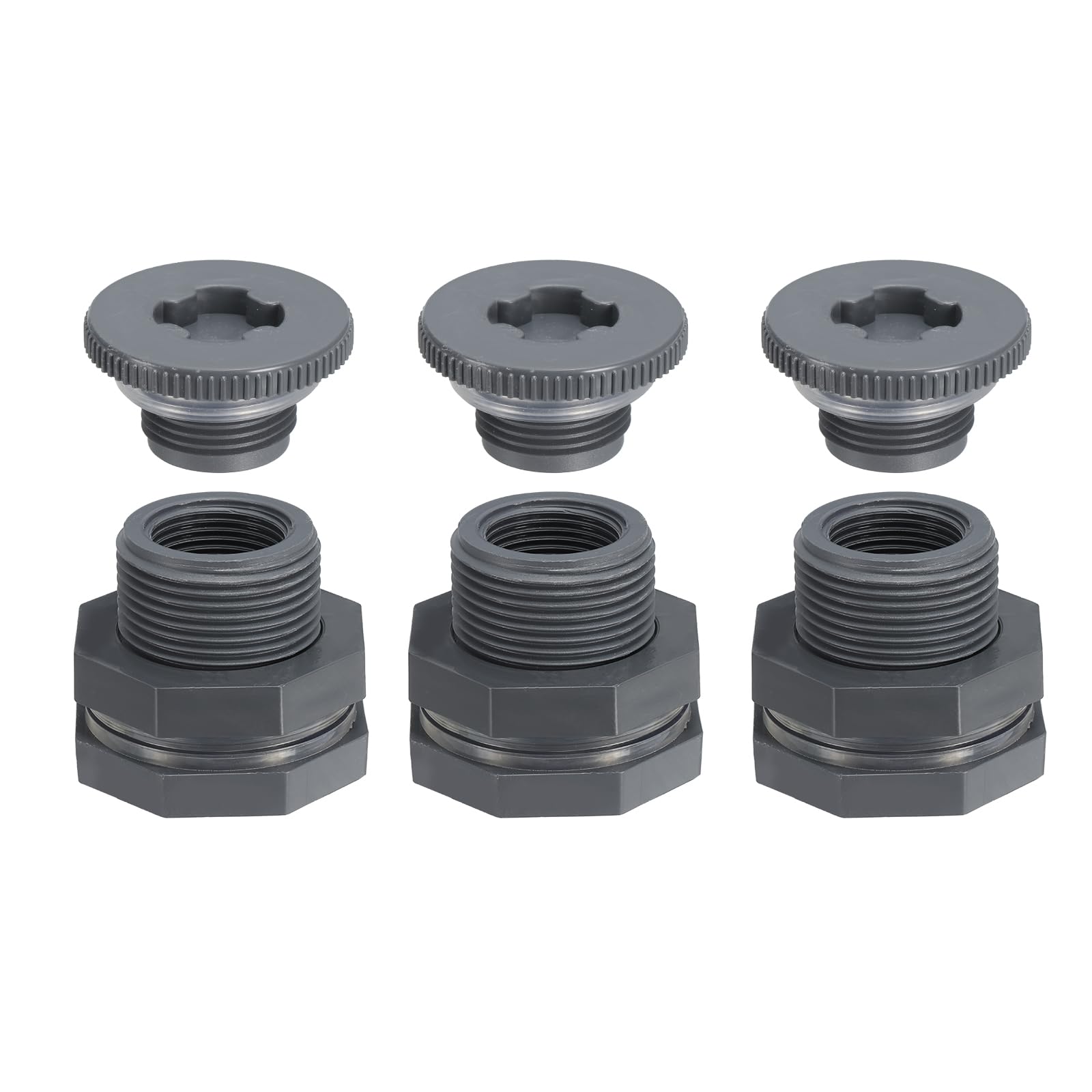 PATIKIL PVC Bulkhead Fitting with Plug NPT 3/4", 3 Pack Bulkhead Water Tank Connector with Silicone Seal Gasket Garden Hose Fitting with Plug for Rain Bucket, Sinks, Aquariums, Gray