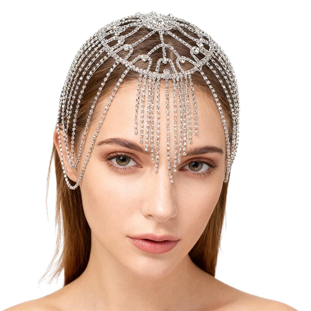 GORGECRAFT Rhinestone Caps Headpieces Vintage Crystal Beaded Head Chain Jewelry Roaring Wedding Bridal Flapper Bling Headband 1920s Gatsby Hair Accessories for Women Party Prom Costume Platinum
