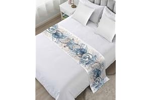 Ldtrchee Bed Runner for King Size Bed, Ocean Seaweed, Decorative Bed Scarf Throws for Foot of Bed, Blue Tropical Fish Starfish Shell Sea Coral Bedding Protector Slipcover for Hotel/Home, 94 x 20 in