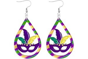 Dreuyet Mardi Gras Acrylic Earrings Crown Carnival Mask Letter MARDI GRAS Dangle Earrings for Women Holiday Jewelry Gifts Dangling Festival Boho Llama Fun Drop Earrings Parade (Feather Mask)