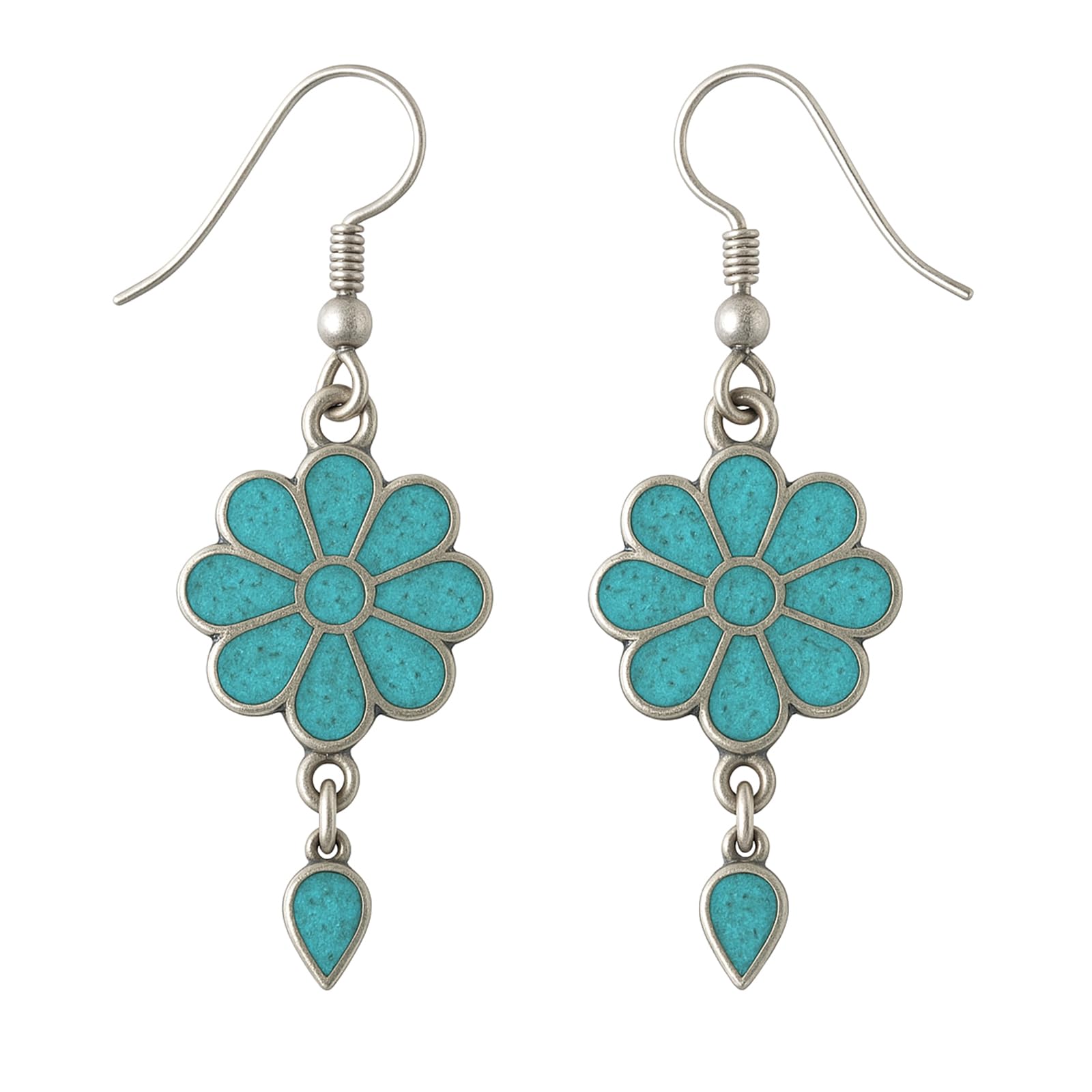 Beautiful Handmade Compressed Turquoise Gemstone Inlay Flower shape Fashion Drop Earrings for Women 925 Silver Plated Ethnic Gypsy Boho Earring Jewellery