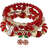 JWIGP 4Pcs Cherry Bracelet Set for Women, Red Beaded Pendant Stretch Layered Gold Plated Crystal Charm Bracelets Jewelry Stackable Boho Christmas Accessories Gift