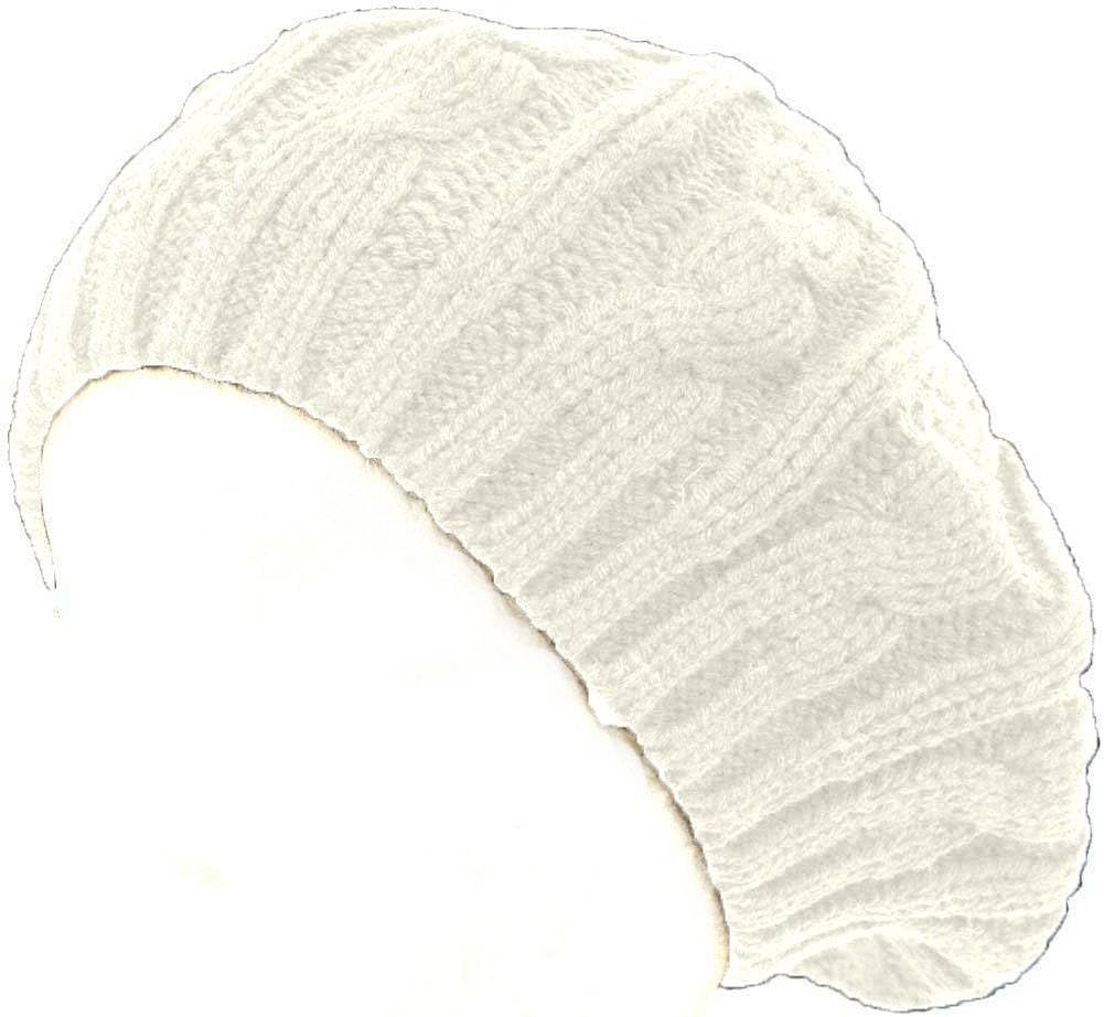 Cable Knit Winter Ski Beret Knit Tam Skull Cap - White