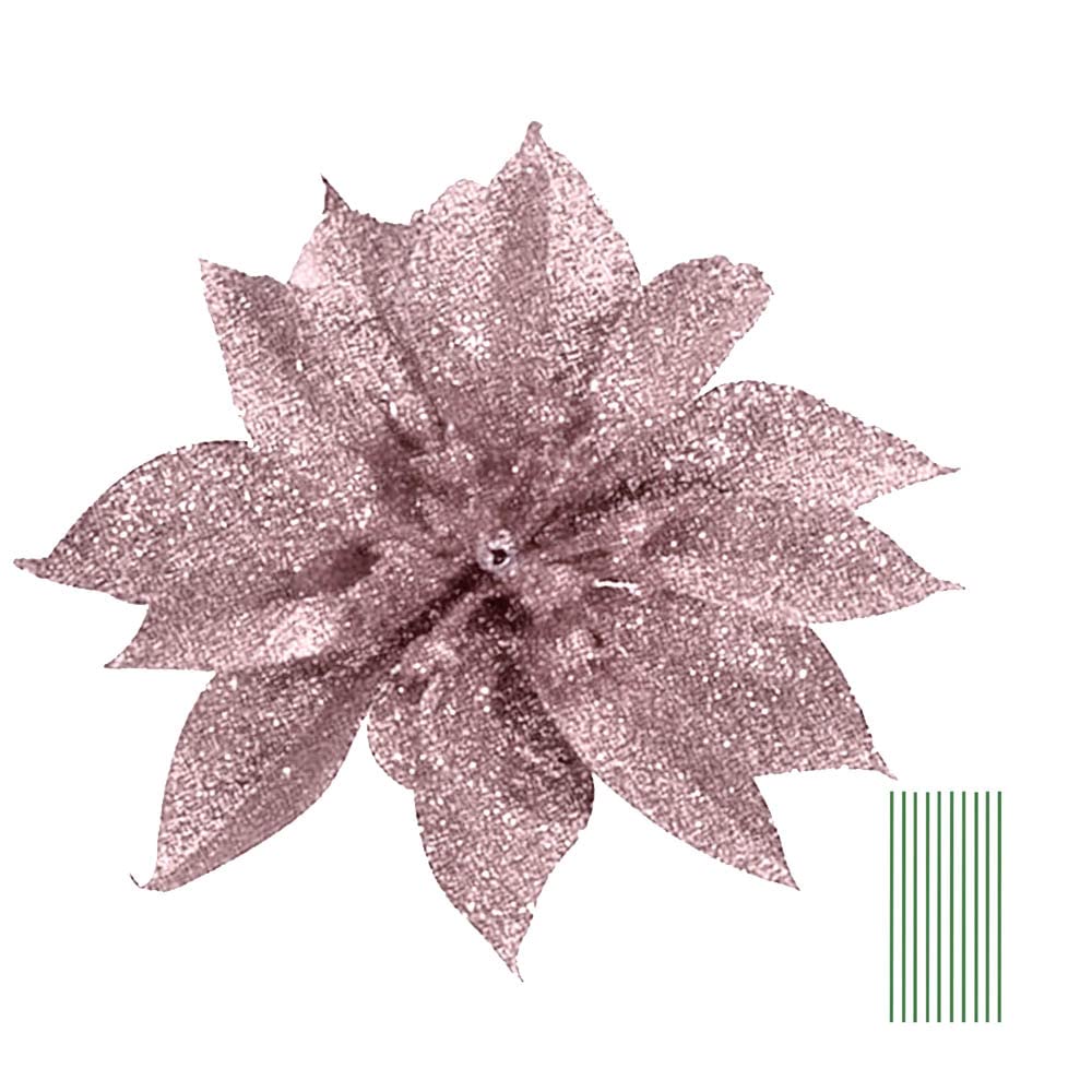 Yueshop 10 Pcs Glitter Christmas Flowers with Artificial Poinsettia Flower Christmas Tree Flower Decorations Xmas Tree Ornaments (Rose Gold, 9CM)