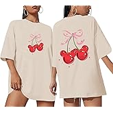 Vieawfi Magical Shirt for Women Cherry Bow Graphic Oversized T Shirt Family Holiday Vacation Funny Cute Aesthetic Tee Tops