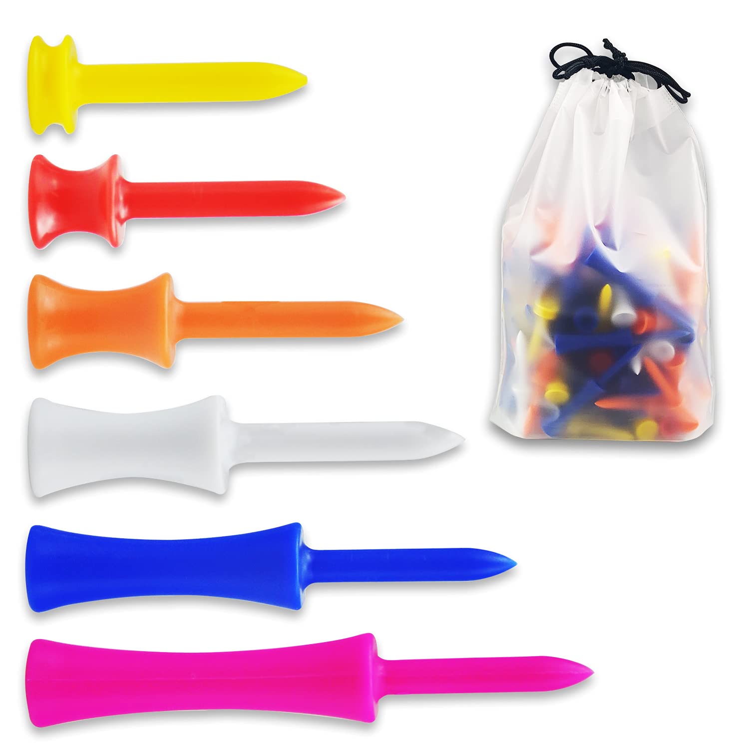 Jiehaojia 120 Pcs Golf Tees Plastic,Golf Tees 34mm, 40mm, 47mm, 53mm, 67mm, 77mm Castle Tees Long Short Durable Portable Professional for Golfer Practice