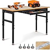 60" Adjustable Workbench with Drawer, 2000 LBS Heavy Duty Work Bench with Power Outlet and Fixed Legs, Sturdy Steel Frame with Rubber Wood Top, Work Table for Garage, Office, Home, Commercial