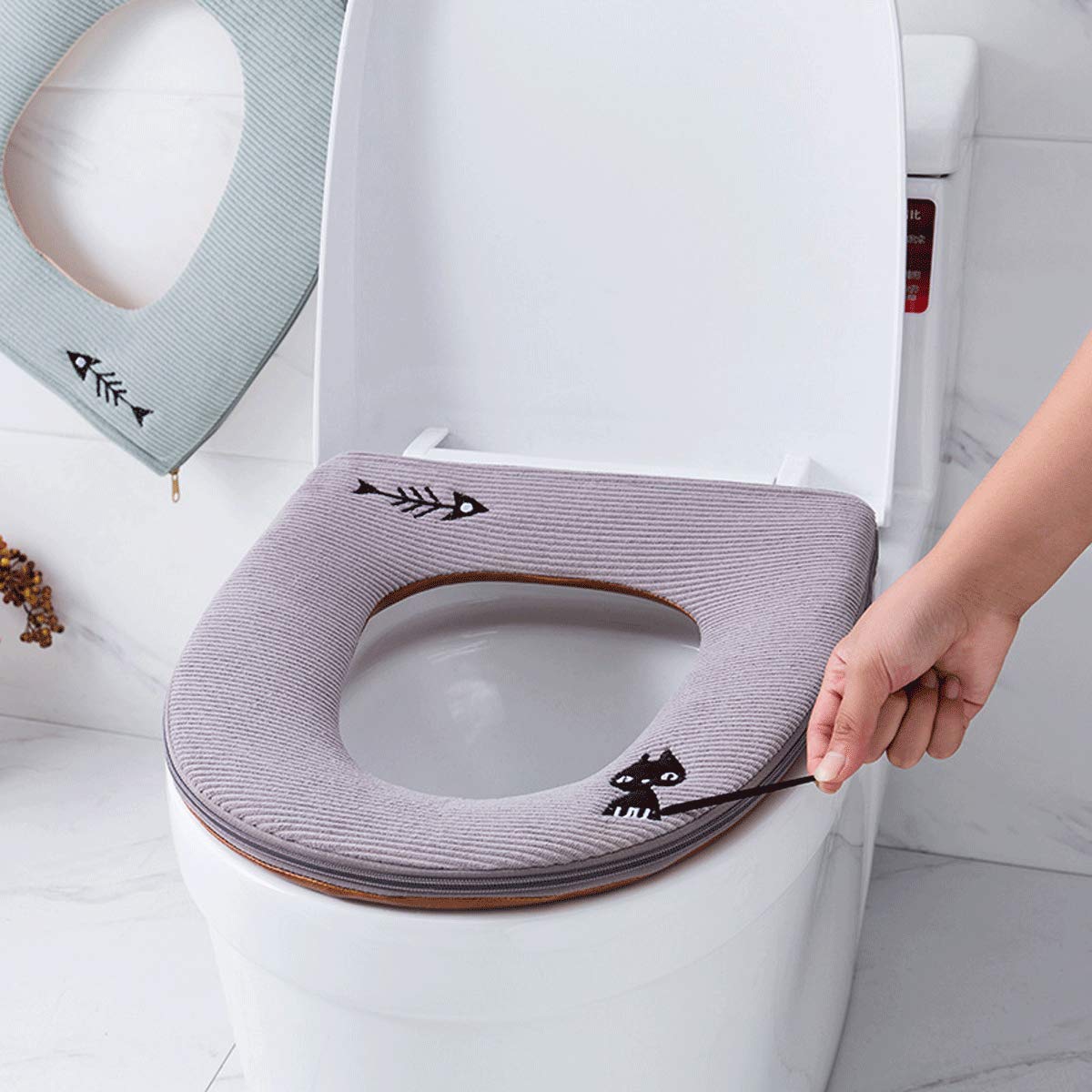 Happy Go-Mart Toilet Seat Cover Pads, Cute Cat Bathroom Soft Warmer Cloth Waterproof Leather Stretchable Washable Toilet Seat Cushion with Zipper (gray)