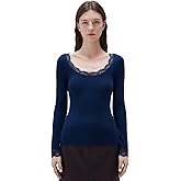 SUUKSESS Cloud Cashmere Women Lace Scoop Neck Tops Basic Long Sleeve Knit Shirts