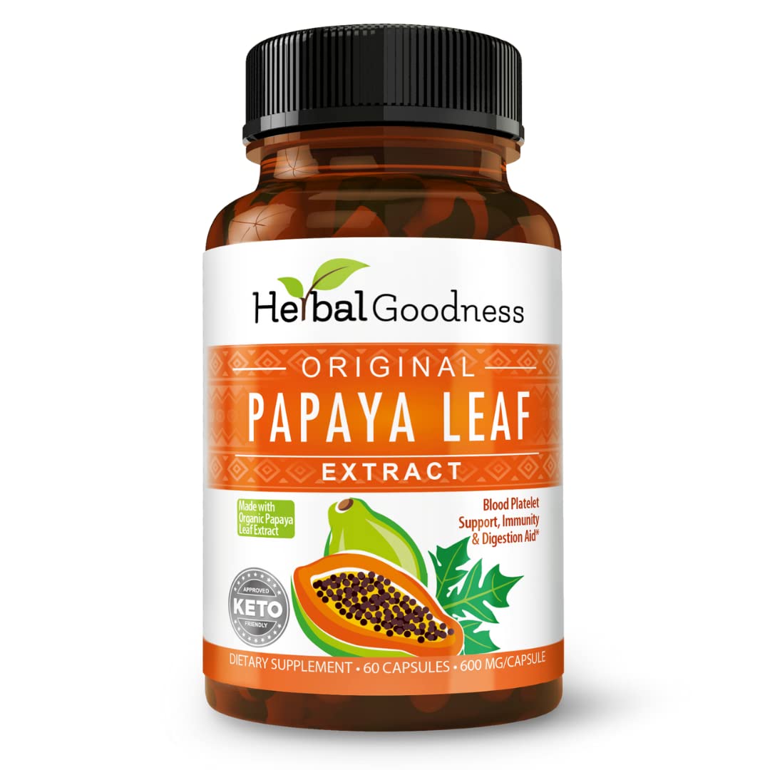 Papaya Leaf Extract Capsules 10X Strength - 60/600mg Veg Capsules- Blood Platelet, Bone Marrow & Spleen Support, Immune Gut & Super Digestive Health - Herbal Goodness (Pack of 6)