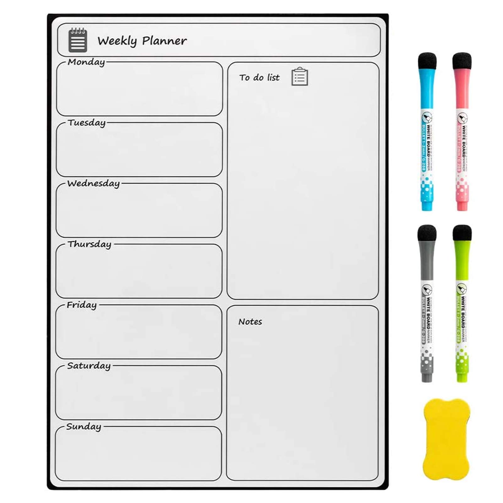 DOEWORKS Fridge Magnetic Whiteboard, Weekly Planner Memo Board A3 Notice Board with 4 Marker Pens 1 Eraser, Drywipe Magnet Fridge Board for Kitchen