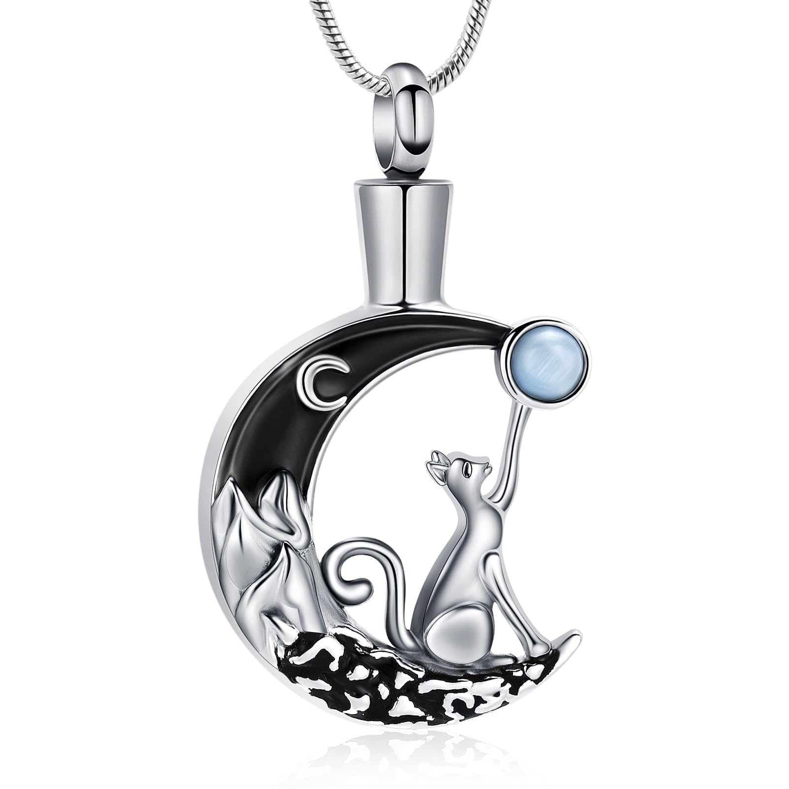 AIWENXI Cat Moon Urn Necklace for Women Pet Moonstone Cremation Jewelry for Ashes Stainless Steel Pendant Funeral Keepsake Loved Ones Memorial Gift