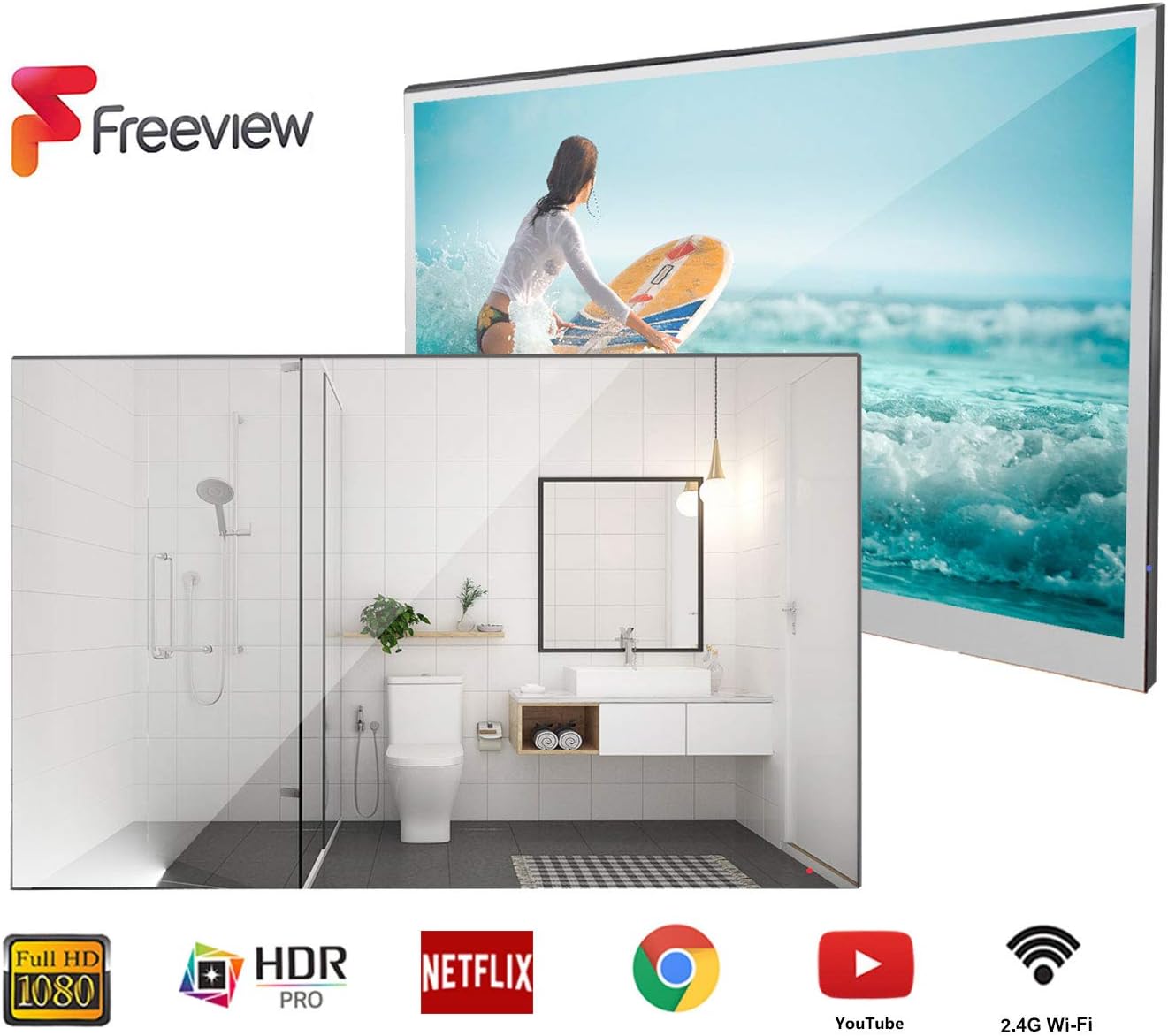 Soulaca 22inch Smart Mirror TV IP66 Waterproof TV for Bathroom,Hotel with Remote Control(2019 Latest Model)