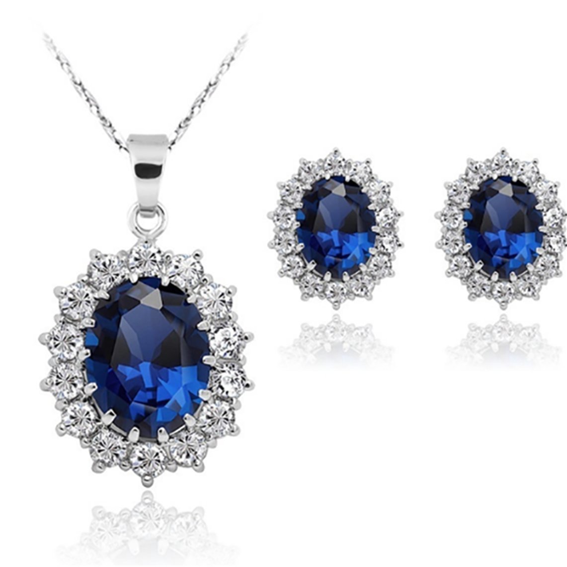 Women Princess Blue Sapphire Jewellery Pendant Necklace Earrings Set for Women Princess Diana Kate Middleton's Jewellery Set