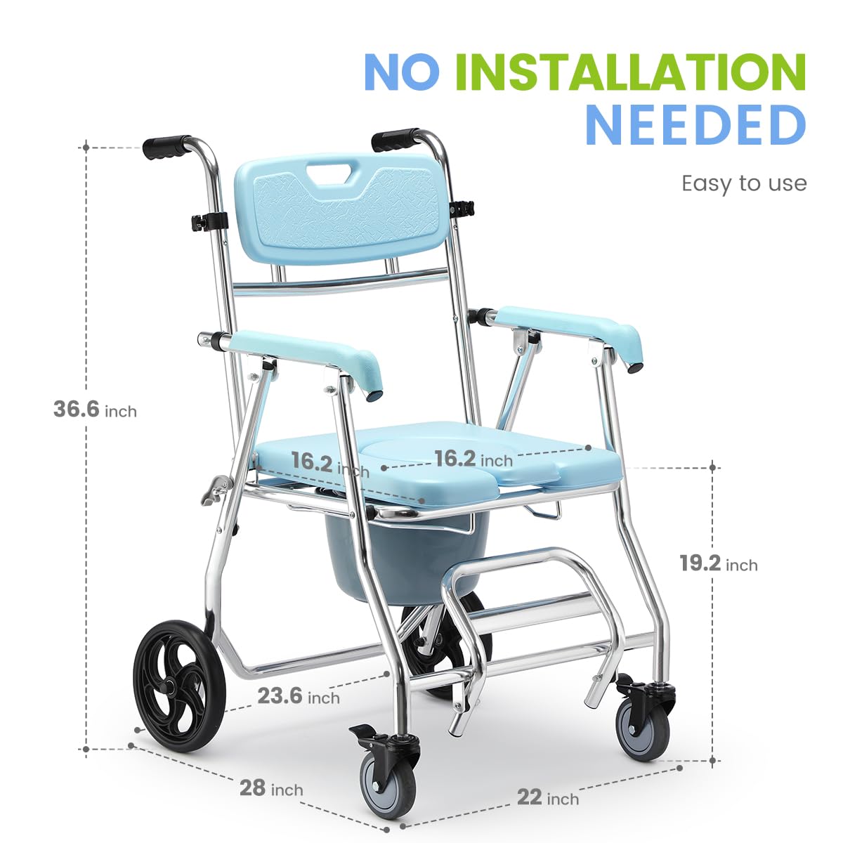 OasisSpace Folding Shower Commode Wheelchair - 300lbs Bedside Commode with Padded Seat, Waterproof Rolling Shower Chair with Arms and Backrest, Shower Chair with Wheels (FSA or HSA Eligible)