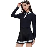 IUK Women's 2-Piece Tennis Skirt Set, Polo V-Neck Top & High-Waisted Pleated Skirt, Athletic Outfit for Golf Pickleball