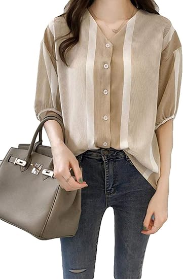 Amazon Gergeousストライプシャツ レディース ゆったり 韓国 半袖シャツ ストライプ柄 ファッション トップスvネック 快適 ドルマンスリーブ おしゃれ ブラウス ボタン付き カジュアル 大きいサイズ 夏 シャツ ブラウス 通販