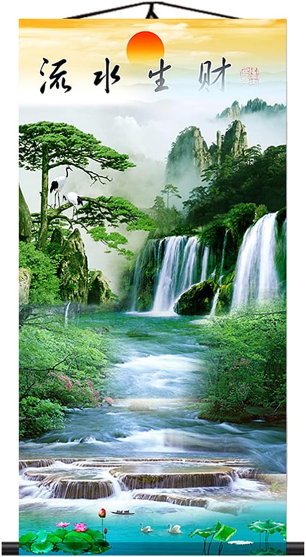 Paintings - UXOWOXU Chinese Traditional Feng Shui Wall Art - Landscape Waterfall Picture Scroll Painting - Attract Wealth and Good Luck Ready to Hang