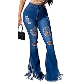Bell Bottom Jeans for Women Ripped Hole High Waisted Classic Flared Wide Leg Denim Pants