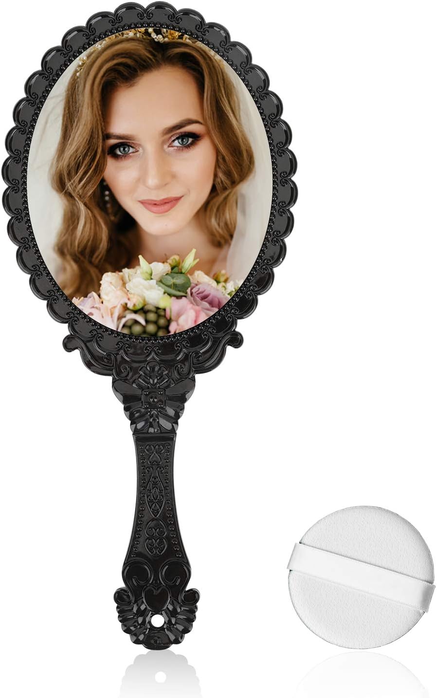 Yusong Vintage Handheld Mirror, Small Hand Held Decorative Mirrors for Face Makeup Embossed Flower Portable Antique Travel Personal Cosmetic Mirror with Powder Puff (Black): Furniture & Decor