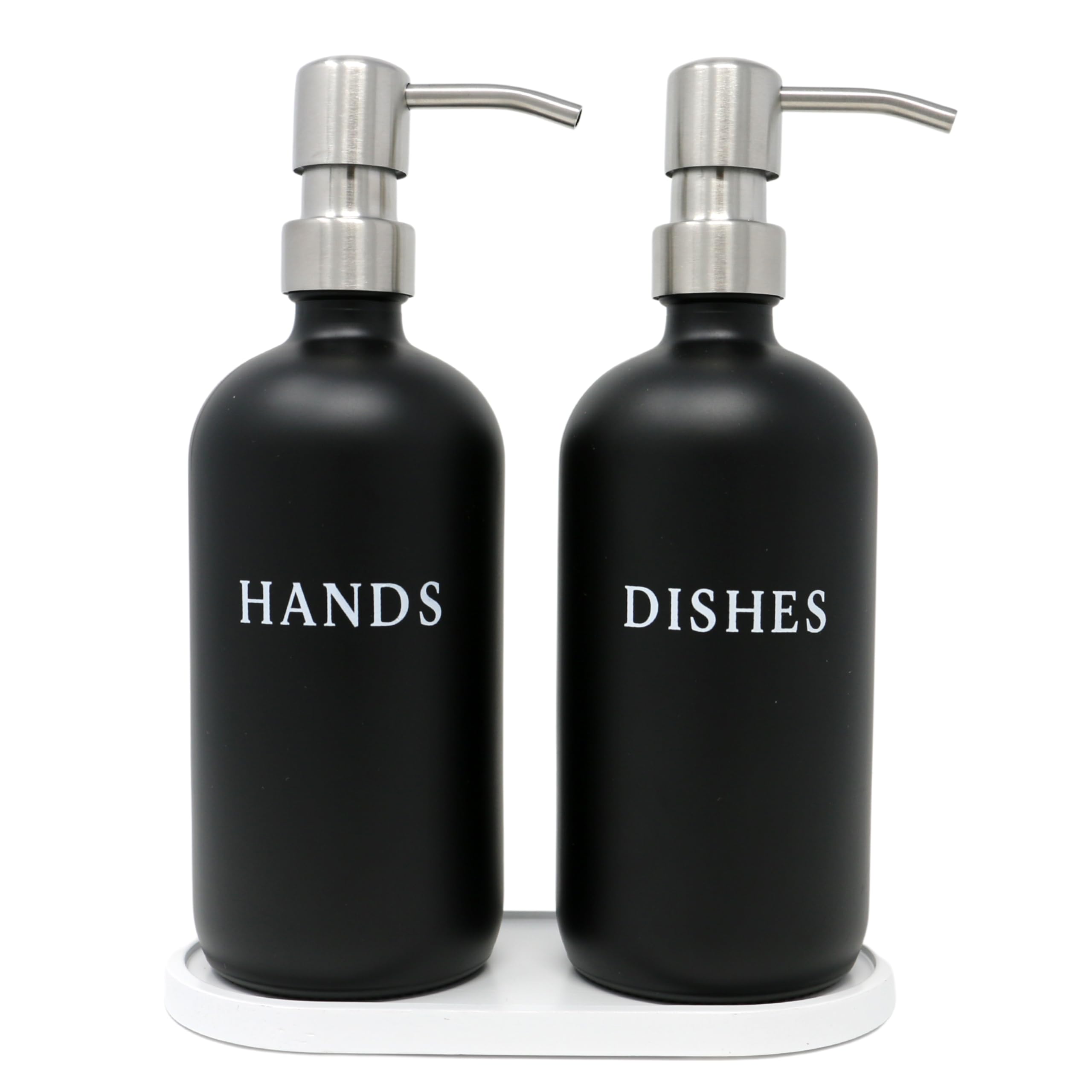 Photo 1 of RM Home Black Glass Hand and Dish Soap Dispenser Set - Modern Farmhouse Sink Accessories - Liquid Soap Dispenser - 16 oz Kitchen Sink Soap Dispenser Set with Tray, Stainless Pumps & Funnel