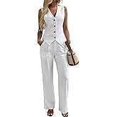 Women's 2 Piece Outfits Linen Vest Waistcoat Dressy Casual Sets Wide Leg Pants Suits