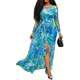 CHICME Long Sleeve Maxi Dress for Women 2026 Wedding Guest Dress Sheer Mesh Floral Print Tie Waist 2 Pieces Outfit