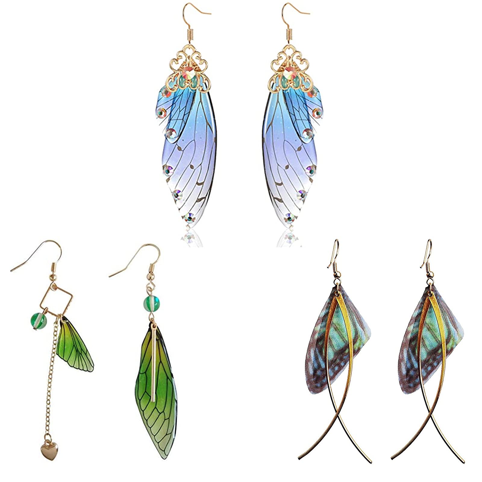 XHBTS 3 Pairs Cicada Wing Earrings Blue Stones The Teardrop of Wings Temperament Than Fairy Teardrop Butterfly Wing Asymmetric Gradient Women Earrings