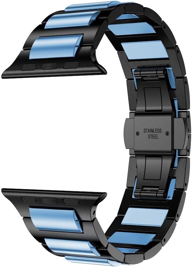 RABUZI Compatible Apple Watch Band 44mm/42mm,Hard Anodized 6000 Series Aluminum Bule , Black Stainless Steel Metal Link Bracelet Strap Compatible Apple Watch Series 6/5/4/3/2/1