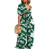 HWP 2 Piece Sets for Women Summer Vacation Outfits Tropical Print Short Sleeve Tops Wide Leg Long Pants Casual Matching Sets