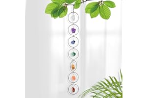 RJINGSHI 7 Chakras Wall Decor Natural Raw Crystal Stone Healing Gemstone Silver Round Hanging for Indoor & Outdoor Windows Chakra Balancing Home Decoration Spiritual Gift for Meditation