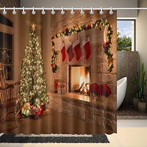 Unique Custom Peaceful Christmas Eve Fireplace Waterproof fabric Polyester Shower Curtain 66"X72"-Bathroom Decor