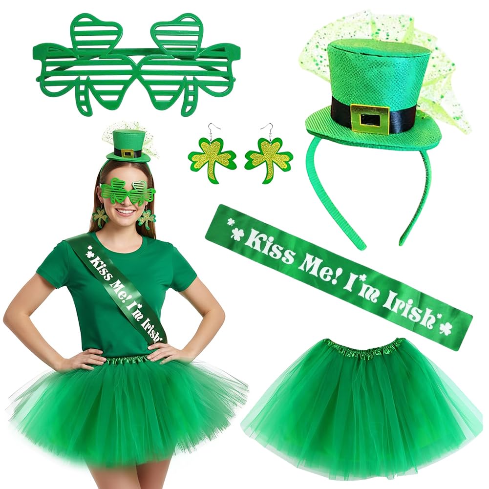PyrrlicToy St. Patrick Day Costume Set, Tutu Yarn Skirt Rish Hat Headband Clover Glasses Earrings Irish Etiquette Belt, Irish Saint Patrick's Day Fancy Dress Outfit for Party Parade