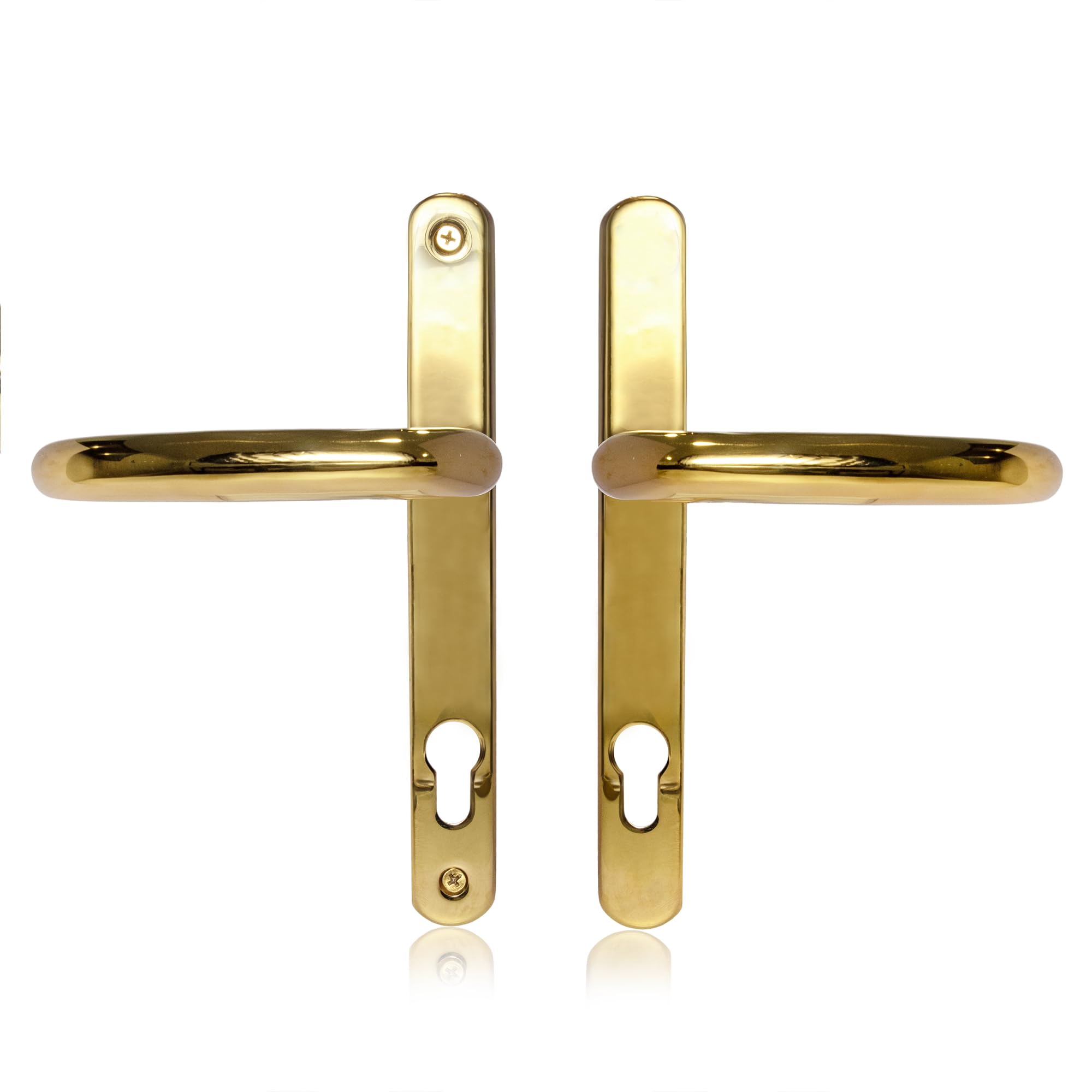 Uros Polished Brass UPVC Door Handle, (PZ 92mm, 211mm Screw Hole Distance, 243mm Overall) DDA Compliant, Long Backplate, Stainless Steel Front Door Handle