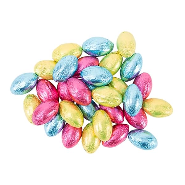 THE DREIDEL COMPANY EASTER CHOCOLATE EGGS, MULTICOLORED FOIL WRAPPED MILK CHOCOLATE IN EASTER EGG BOX, 1LB APPROXIMATELY – 90 EGGS