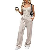 CHICME Women's 2 Piece Outfit Thick Strap Button Front Tank Top with Wide Leg Pants Casual Outfit Sets