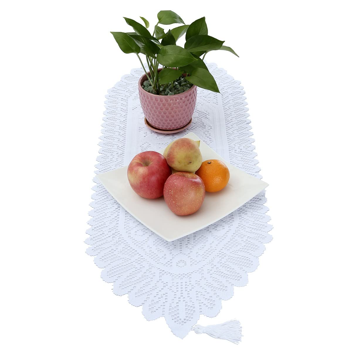 KYEYGWO Hollow Lace Table Runners Elegant Mesh Tablecloth Vintage Macrame Table Cover with Tassels for Rustic Boho Wedding Reception Decoration Bridal Showers, 35'' x 13'' White