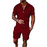 BIRW M Wine Red Mens Short Sets 2 Piece Outfits Fashion Summer Tracksuits Casual Set Polo Shirt Short Sleeve and Shorts Set