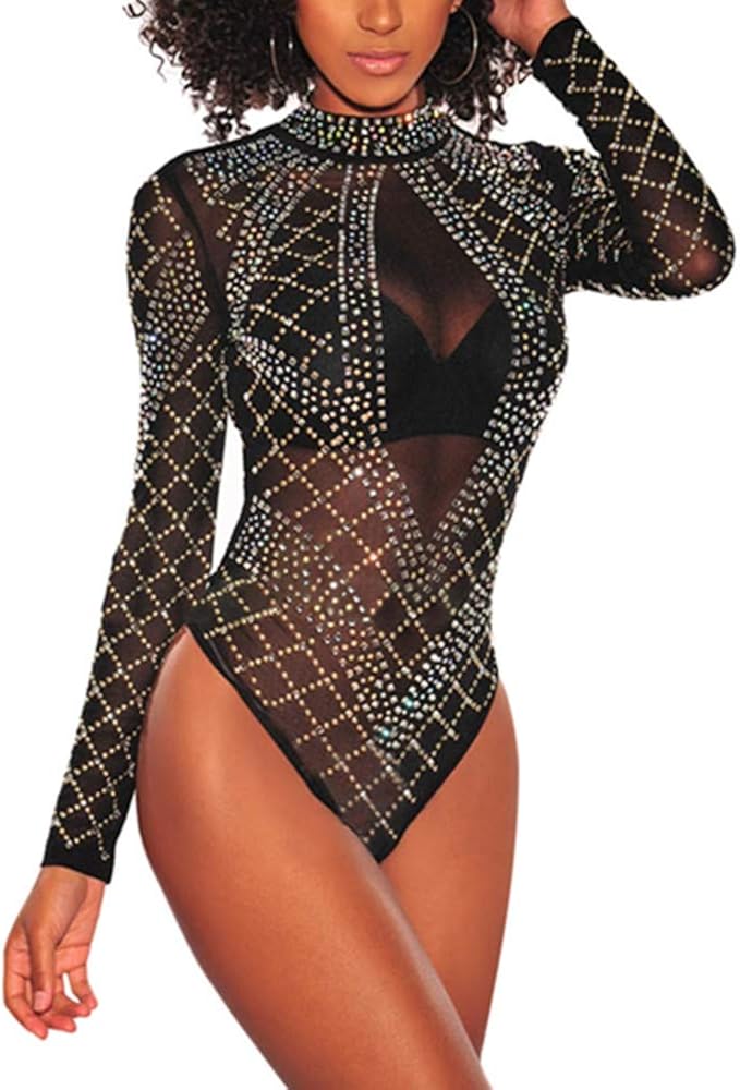 Ussuperstar Women's Sheer Long Sleeve Faux Bustier Mesh