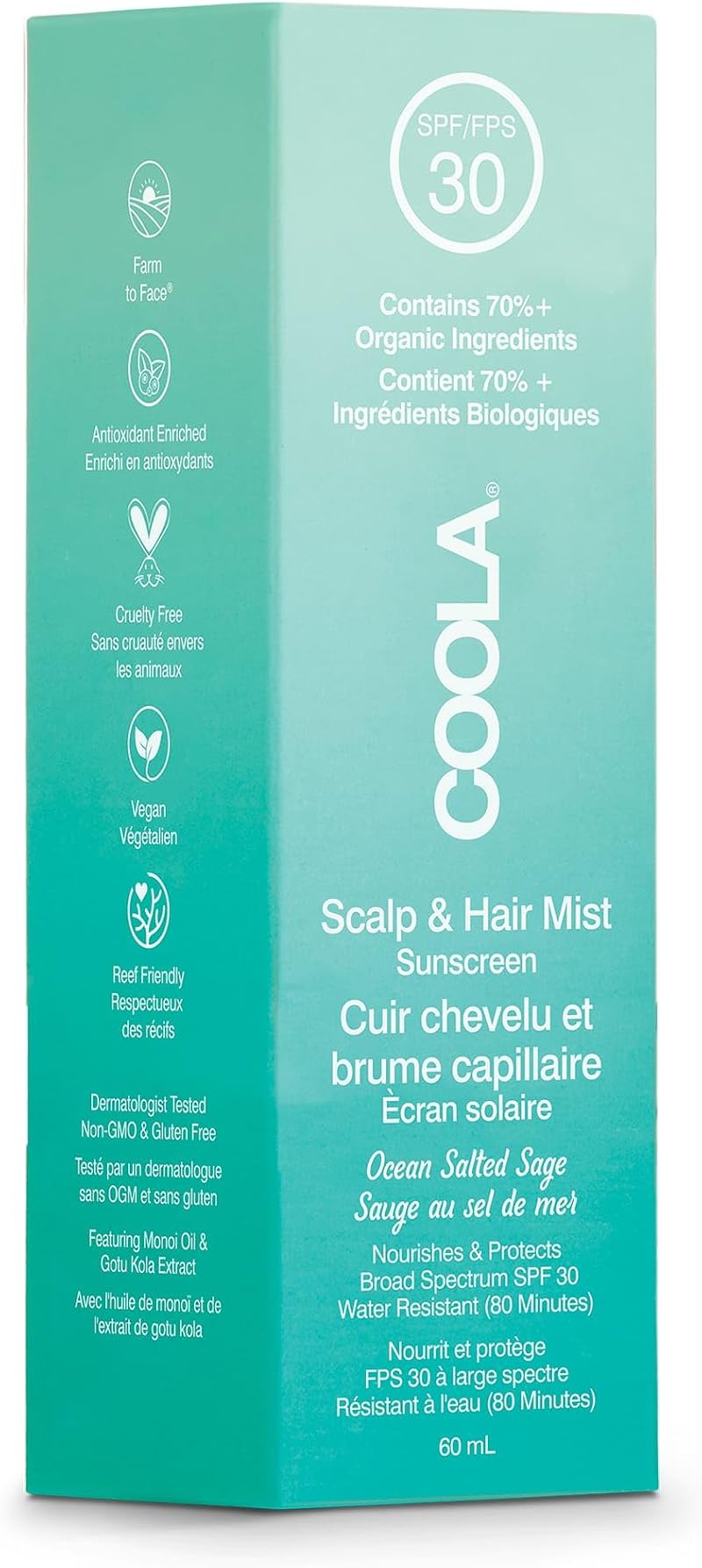 COOLA SPF 30 Scalp & Hair Sunscreen Mist, Vegan, 70% + Organic, All Hair Types