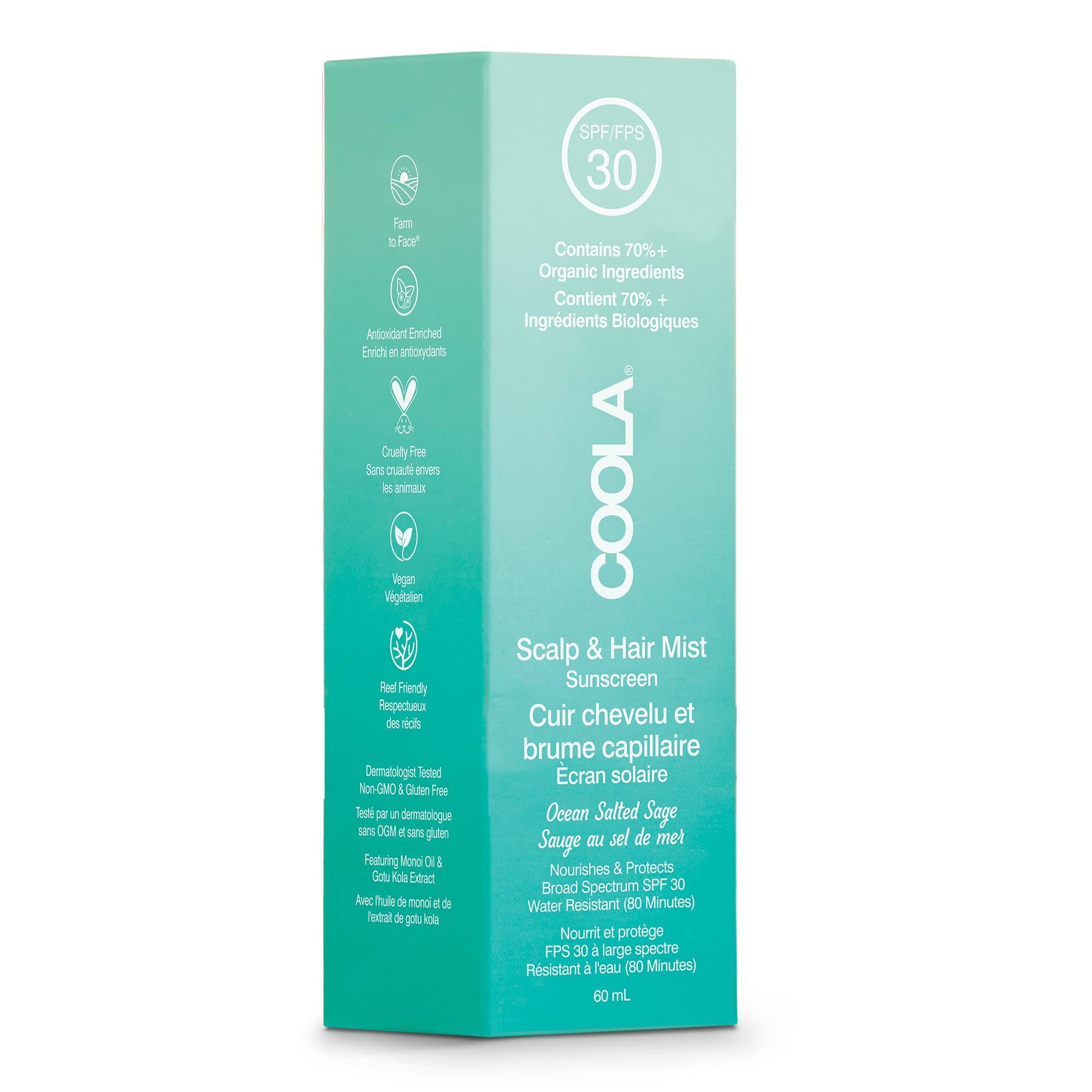 Coola SPF 30 Scalp and Hair Sunscreen Mist, Vegan and 70 Percent + Organic, Protects Scalp and Hair from the Sun, Suitable for All Hair Types