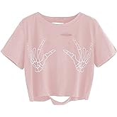 AVANOVA Women Skull Finger Graphic Distressed Tee Shirt Ripped Short Sleeve Crop Tops