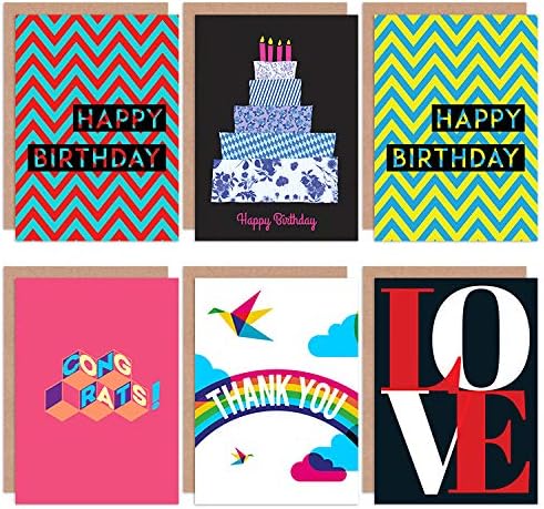 Wee Blue Coo Geometric Bright Bold Quirky Love All Occasions Various Assorted Blank Greeting Cards With Envelopes includes Birthday Congratulations Thank You Pack of 6