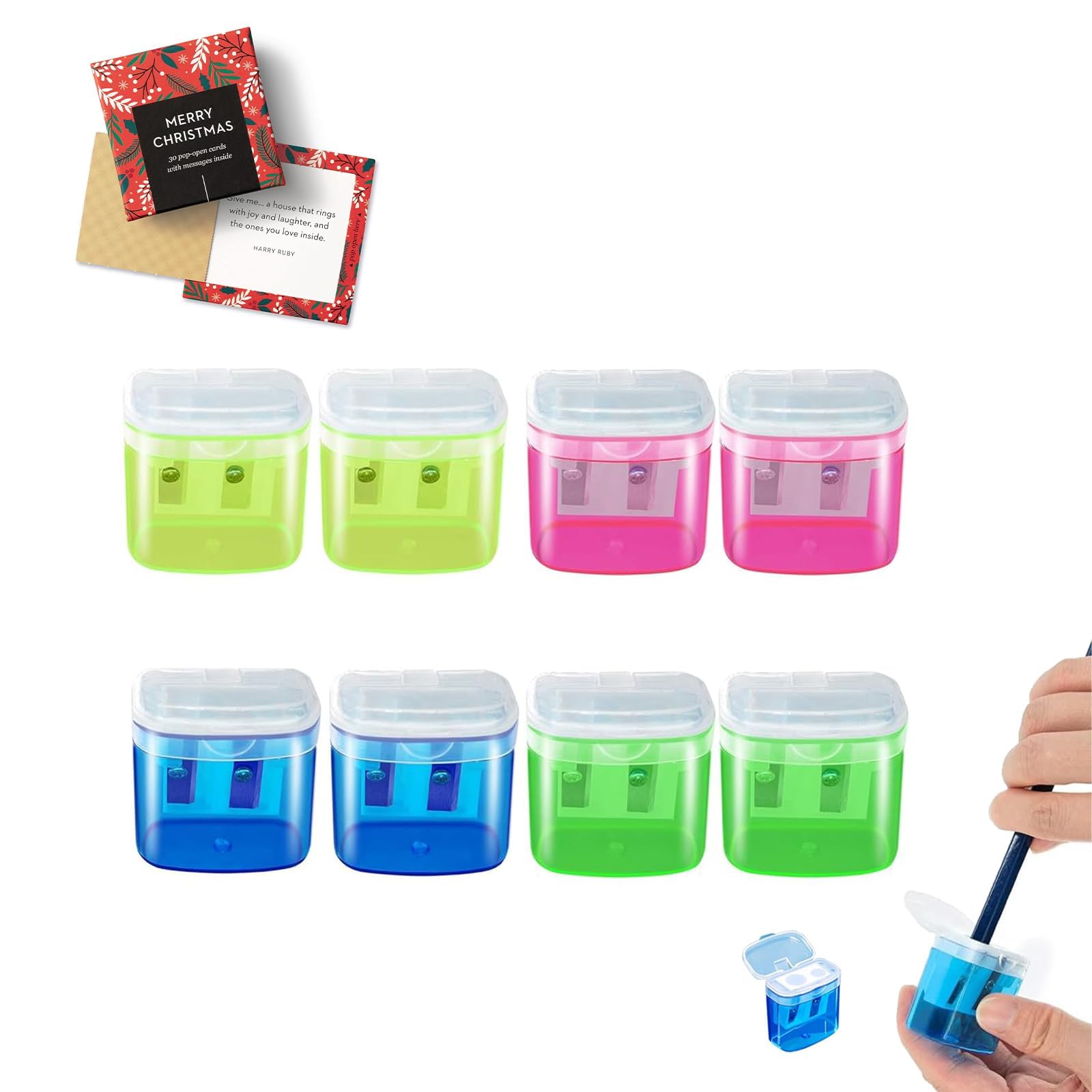 8 Pcs Pencil Sharpener with Container, Dual Holes Pencil Sharpener for Kids Colored Plastic Manual Pencil Sharpeners for Office Home Supply