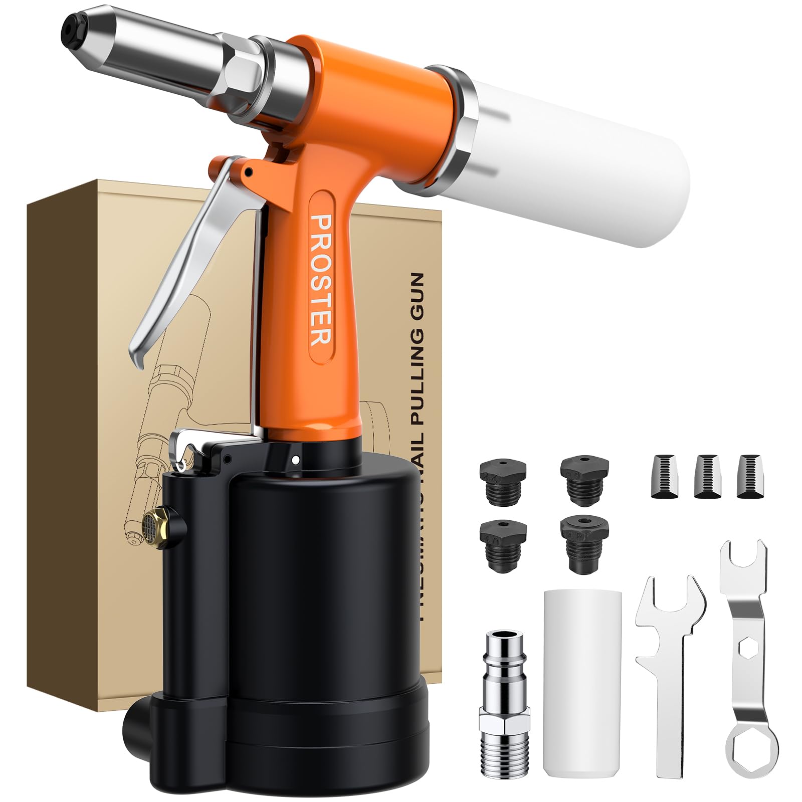 Proster Pneumatic Air Riveter for 2.4mm(3/32"), 3.2mm(1/8"), 4.0mm(5/32"), 4.8mm(3/16") Capacity 1408KGF Pulling Force Pop Riveter with 4 Types of Nozzles for Automotive, DIY, Workshop, Industrial Use