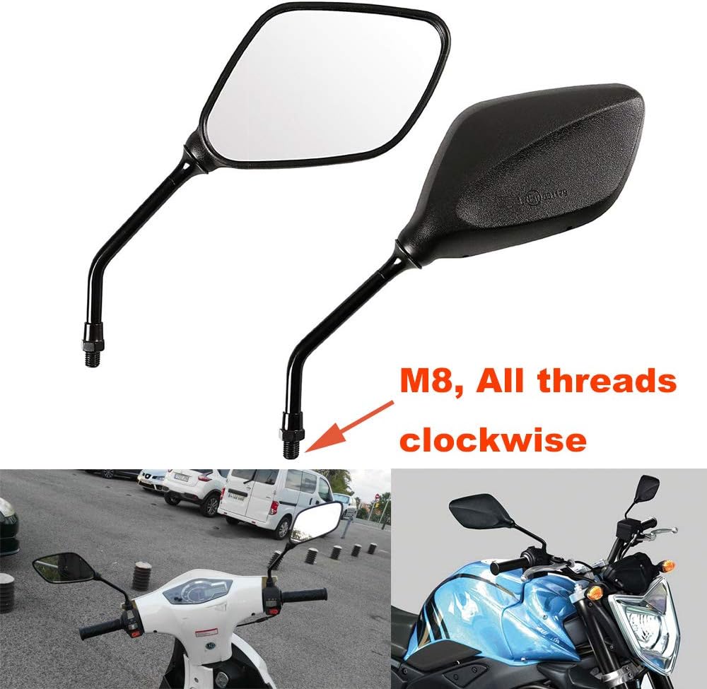 ViZe 8mm Side Bar Mirror Bar End Mirrors Universal Rearview Miroir for Sport Bike Street Bike Motif Black (ALL CLOCKWISE)